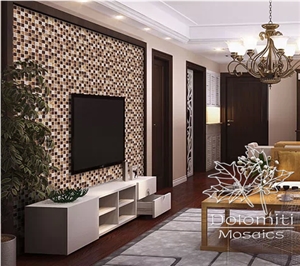 Glass and Stone Mosaic,Amber Crystal Glass and Tumbled Travertine