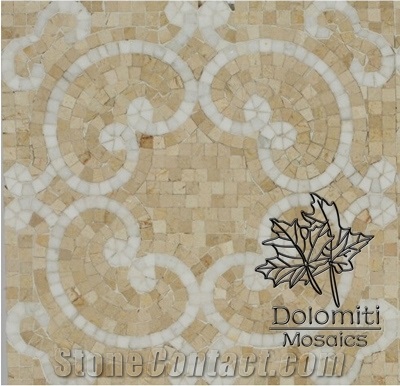 Handcrafted Marble Mosaic Pattern Tile in Crema Marfil and Thassos Hm01 Medallion
