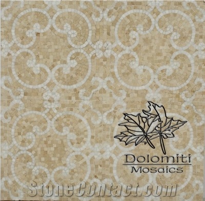 Handcrafted Marble Mosaic Pattern Tile in Crema Marfil and Thassos Hm01 Medallion