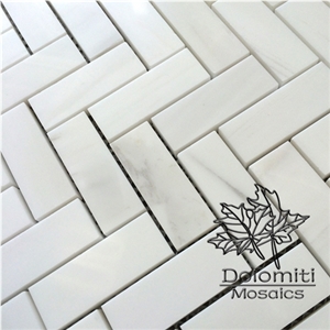 Herringbone Marble Mosaic Tiles in Bianco Dolomiti 1 X 2", Polished
