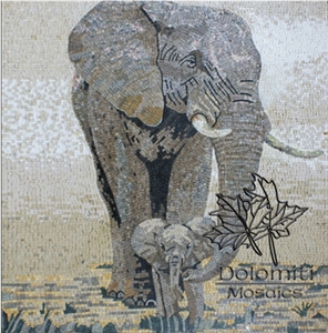 Marble Mosaic Art Of Elephants Mural
