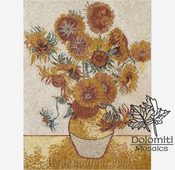 Stone Mosaic Art Of Vase with Fifteen Sunflowers by Vincent Willem Van Gogh