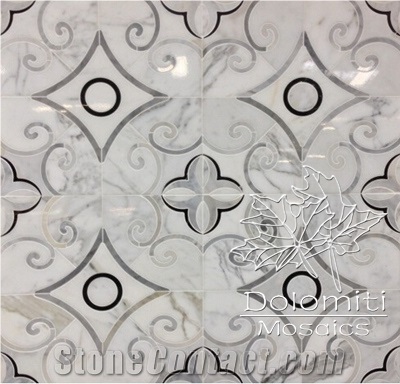 Waterjet Stone Mosaic in Calacatta White,Carrar Cd Waterjet Marble Mosaic Medallion Wm015