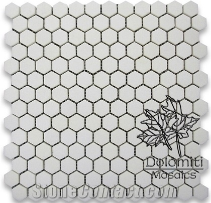 White Marble Hexagon Mosaic Tile in Greece Thassos White 1"X1" Pure White Chips