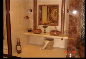 Classic Cream Marble Bathroom Vanity Top, Red Onyx Frame and Column