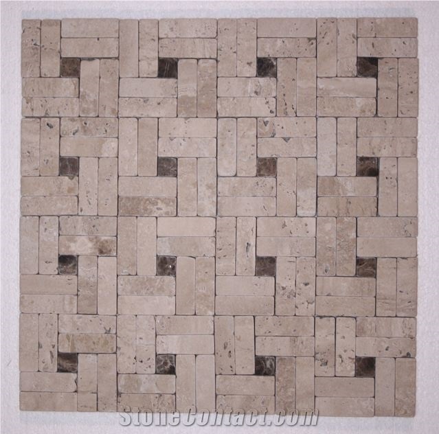 Classic Travertine with Dark Emperador Marble Tumbled Pinwheel Mosaic, Emperador Dark Brown Marble Mosaic