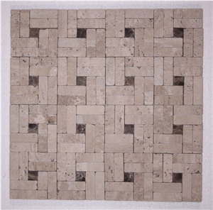 Classic Travertine with Dark Emperador Marble Tumbled Pinwheel Mosaic, Emperador Dark Brown Marble Mosaic