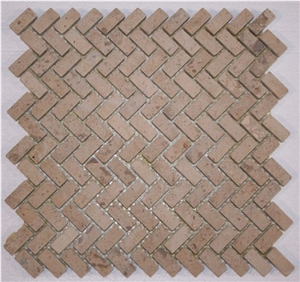 Henan Yellow Tumbled Limestone Herringbone Mosaic Pattern, China Yellow Limestone Mosaic Pattern