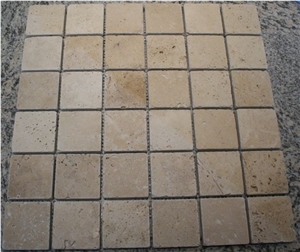Tuscany Classic Travertine Tumbled Square Mosaic Tiles, Tuscany Noce Select Brown Travertine Mosaic