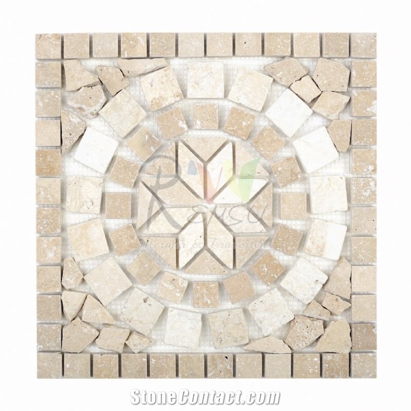 Travertine Mosaic Floor Medallion, Classic Beige Travertine Floor Medallions
