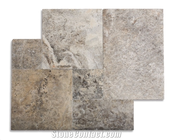 Silver Select Travertine French Pattern Pavers - Tumbled Finish, Silver Select Pavers Grey Travertine