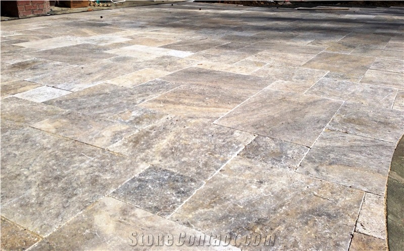 Silver Select Travertine French Pattern Pavers - Tumbled Finish, Silver Select Pavers Grey Travertine