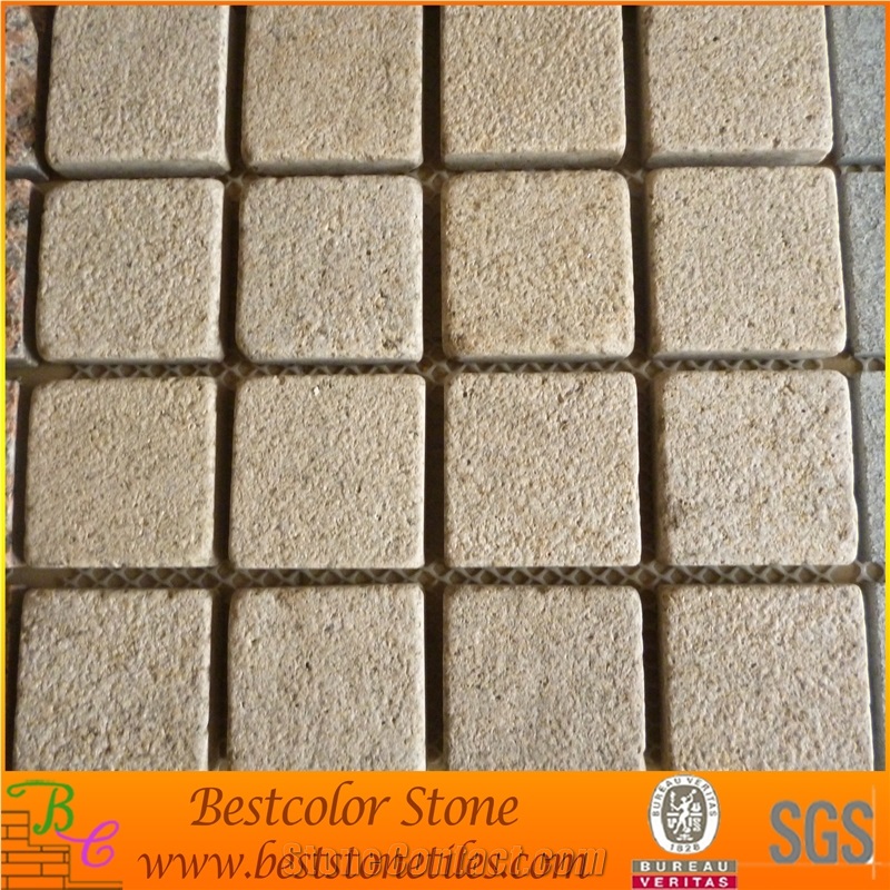 G682 Granite Tumble Finished Cobble Stone in Cube Sharp on Meshed Tile