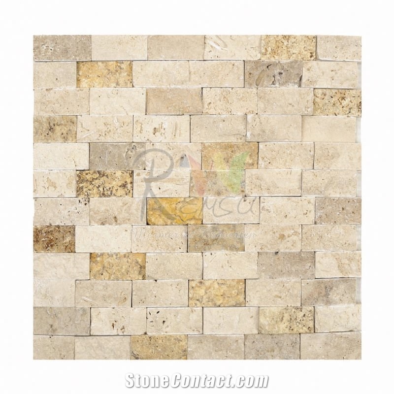 Travertine Mix Split Face Mosaic Tiles, Denizli Travertine Split Face Mosaic