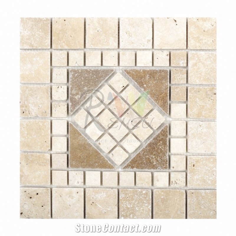 Travertine Mosaic Floor Medallion, Classic Beige Travertine Floor Medallion, Denizli Classic Beige Travertine Floor Medallions