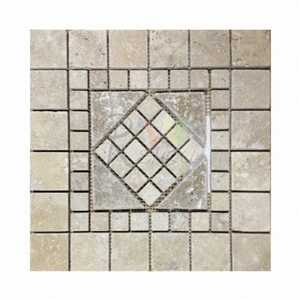 Travertine Mosaic Floor Medallion, Classic Beige Travertine Floor Medallion