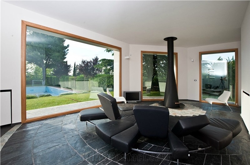 Jak Black Slate and Ice White Quartzite Floor Tiles, India Black Slate