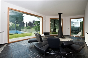 Jak Black Slate and Ice White Quartzite Floor Tiles, India Black Slate