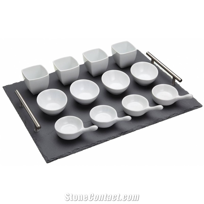 Slate Serving Tray with Stainless Steel Handles