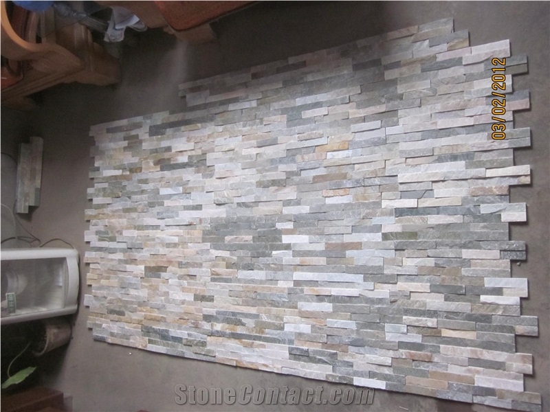 Stacked Culture Stone Slim Panels, Beige Ledgestone Brick Wall Cladding