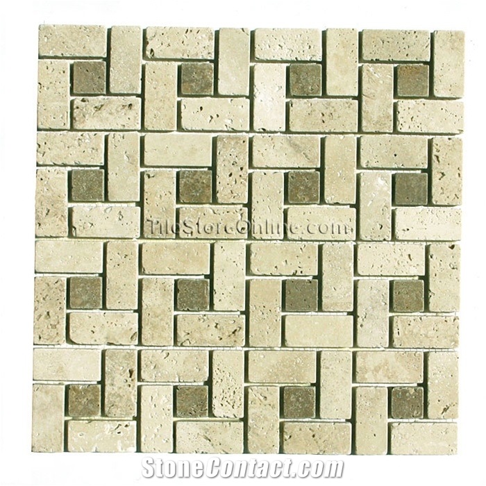 Tumbled Classic Travertine and Tumbled Noce Travertine Windmill Mosaic Pattern