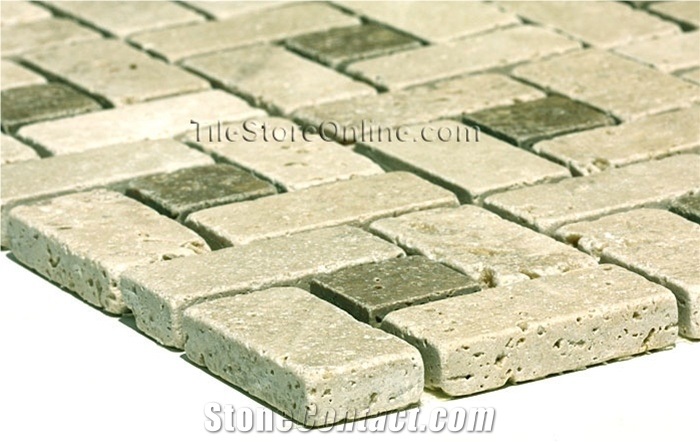 Tumbled Classic Travertine and Tumbled Noce Travertine Windmill Mosaic Pattern