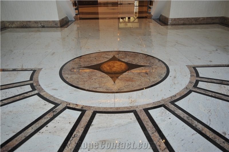 Granite Inlayed Waterjet Floor Medallion, Ivory Cream White Granite Floor Medallions