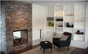 Stacked Stone Fireplace Design, Beige Sandstone Fireplace Design