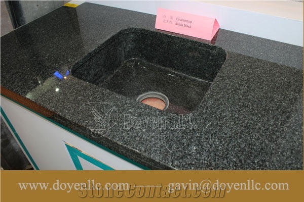 China Beida Black Bathroom Granite Vanity Top and Rectangular Vessel Sink Preattached