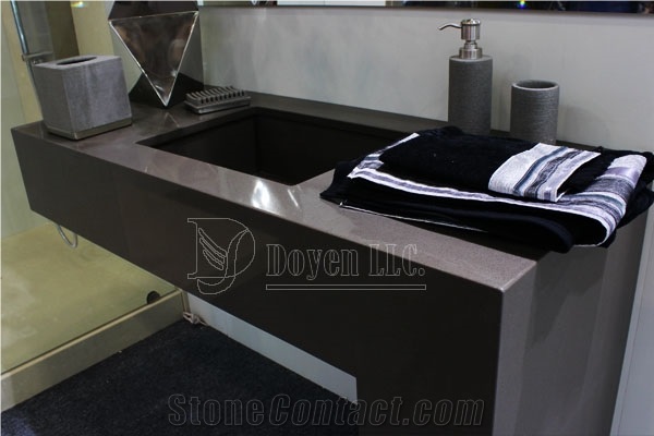 Dark Grey Quartz Stone Bathroom Customized Vanity Tops & Rectangular Sinks