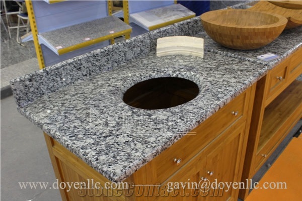 Sea White,Spray White Granite Bathroom Vanity Top Wt Oval Black Bowl Pre-Attached