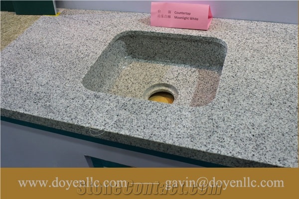 Solar White, Navajo White Granite Bathroom Vanity Top Wt Rectangular Vessel Sink Pre-Attached