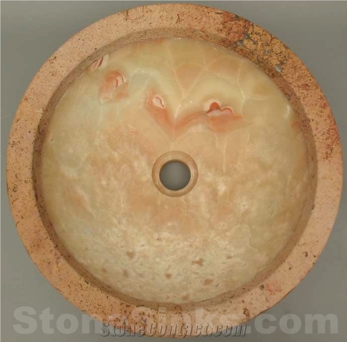 Orange Onyx Acid Finish with Peach Travertine Vessel Sink