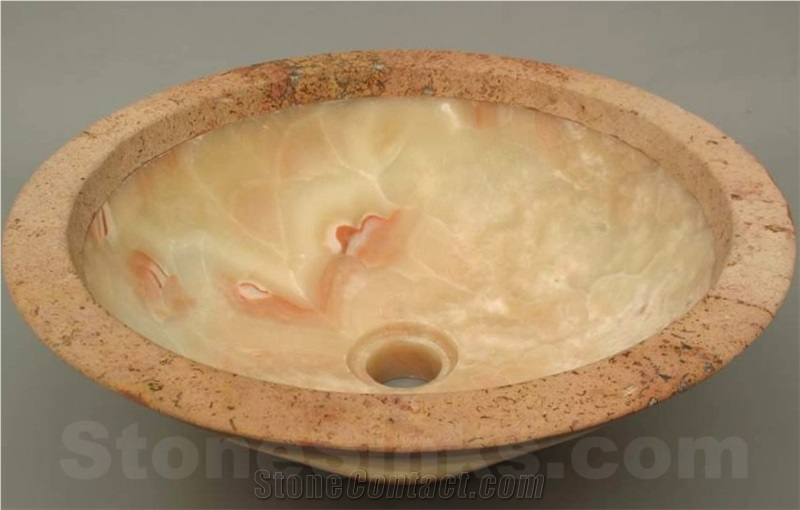Orange Onyx Acid Finish with Peach Travertine Vessel Sink