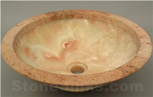 Orange Onyx Acid Finish with Peach Travertine Vessel Sink