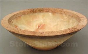 Orange Onyx Acid Finish with Peach Travertine Vessel Sink
