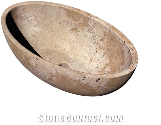 Solid Oval Bath Tub in Rustic Travertine, Travertino Classico Romano Laisa Beige Travertine Bath Tubs