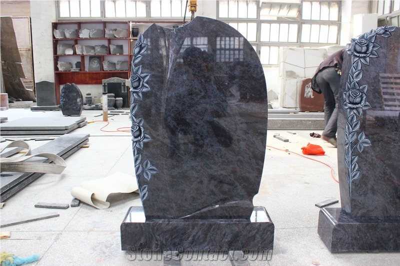 Germany Style Classical Rose Carving Headstone, Bahama Blue Blue Stone Monument & Tombstone