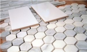 Carrara Mosaic, Carrara White Marble Hexagon Mosaic Carrara Mosaic, Carrara White Marble Hexagon Mosaic