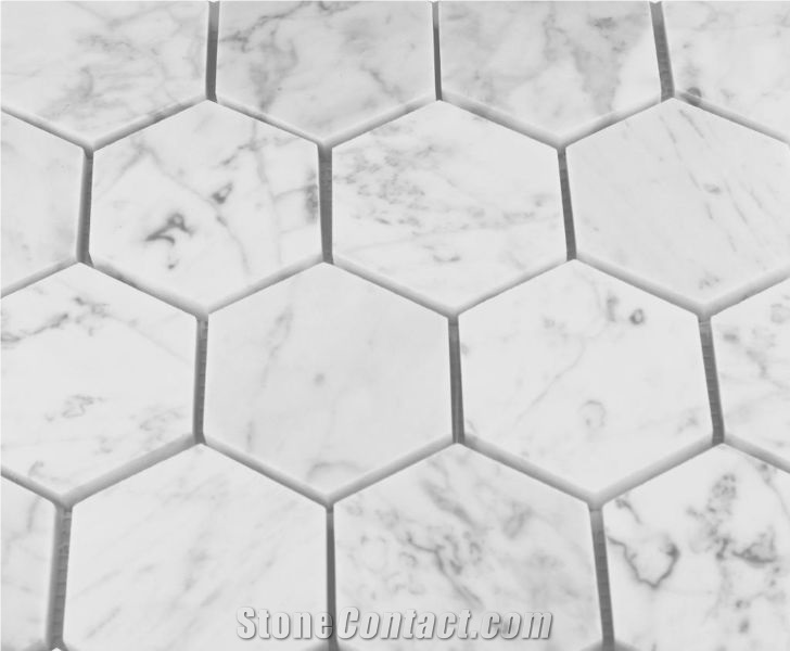 Carrara Mosaic, Carrara White Marble Hexagon Mosaic