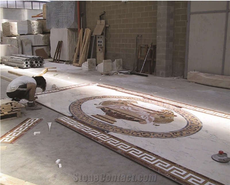 Marble Inlay Waterjet Floor Medallions, Bianco Lasa White Marble Floor Medallions