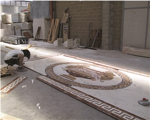 Marble Inlay Waterjet Floor Medallions, Bianco Lasa White Marble Floor Medallions