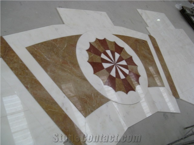 Marble Inlay Waterjet Floor Medallions, Bianco Lasa White Marble Floor Medallions