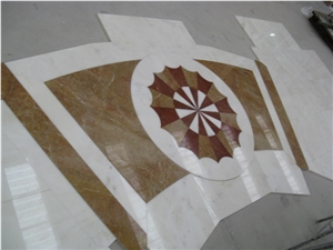 Marble Inlay Waterjet Floor Medallions, Bianco Lasa White Marble Floor Medallions