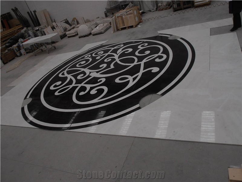 Marble Inlay Waterjet Floor Medallions, Bianco Lasa White Marble Floor Medallions