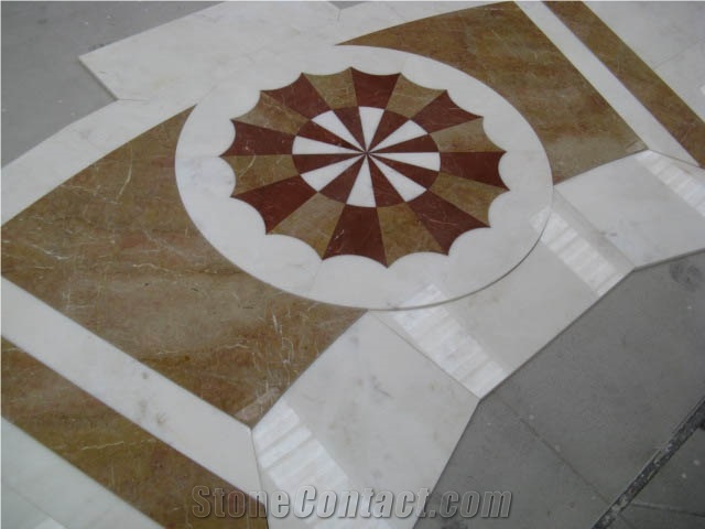 Marble Inlay Waterjet Floor Medallions, Bianco Lasa White Marble Floor Medallions