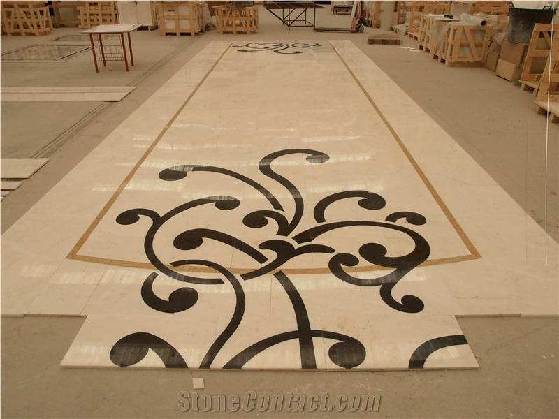 Marble Inlay Waterjet Floor Medallions, Bianco Lasa White Marble Floor Medallions