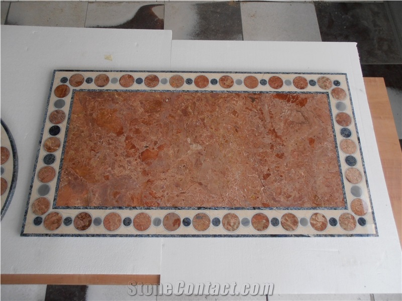 Rosso Marble Waterjet Inlay Tabletop, Skiros Rosso Red Marble Inlay Tabletops