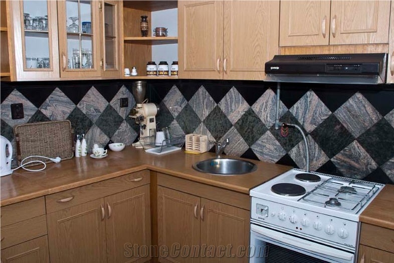Absolute Black Granite and Juparana India Granite Kitchen Backsplash