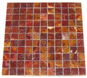 Multi Red Onyx 1x1 Polished Mosaics Meshed on 12x12 Sheet, Multicolor Red Onyx Polished Mosaics
